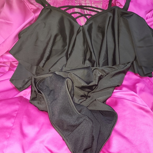 One Piece Black Swim Suit Off the Shoulder - Picture 9 of 11